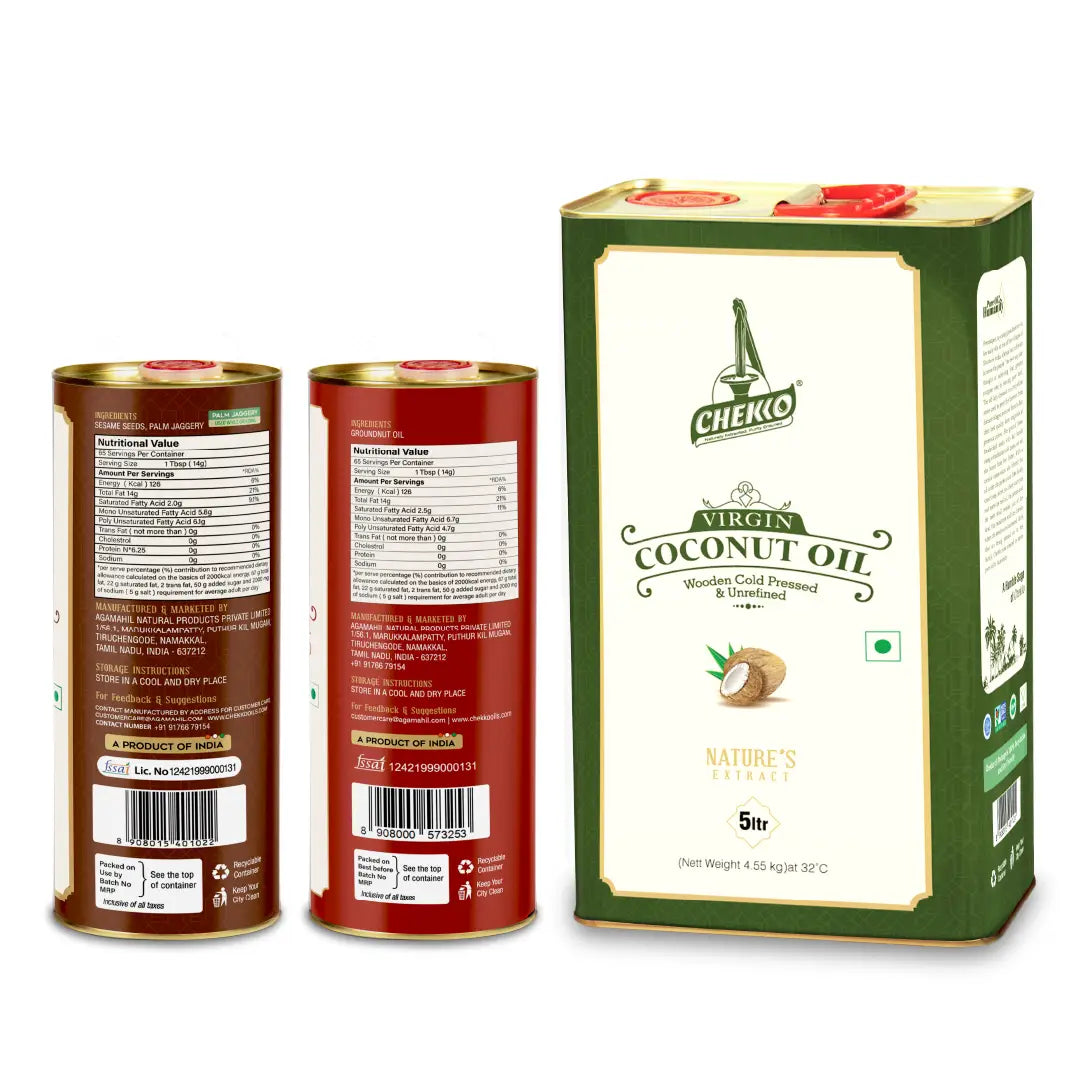Cold Pressed Oil Combo Pack 7 Litre - Virgin Coconut Oil 5L + Sesame Oil 1L + Groundnut Oil 1L | Chekko Wood Pressed Chekku Oils