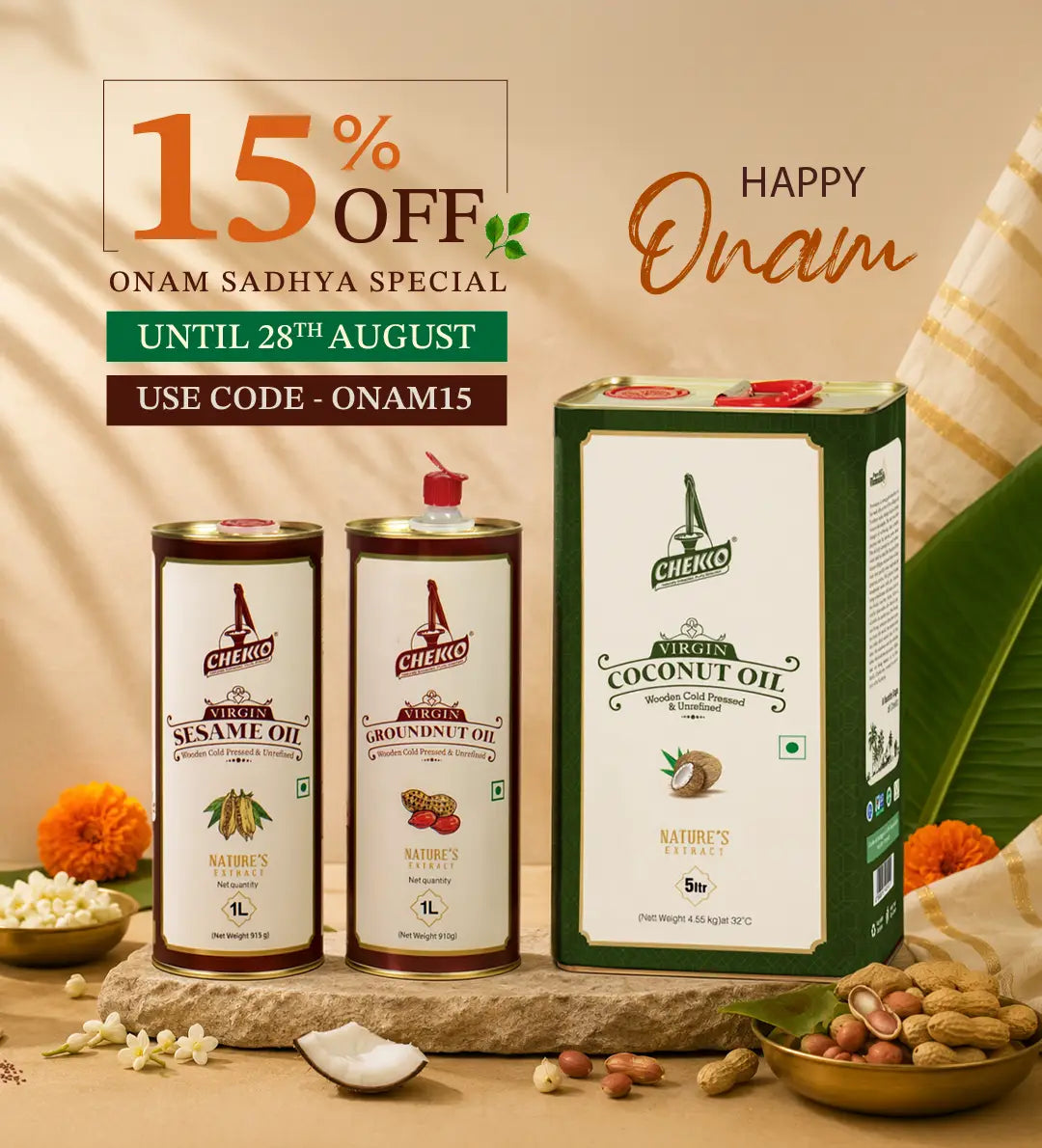 Three chekko products, like coconut oil, sesame oil, and groundnut oil products are displayed on a styled beige background with promotional text. The products include two 1L tins of sesame and groundnut oil next to a 5L box of virgin coconut oil.