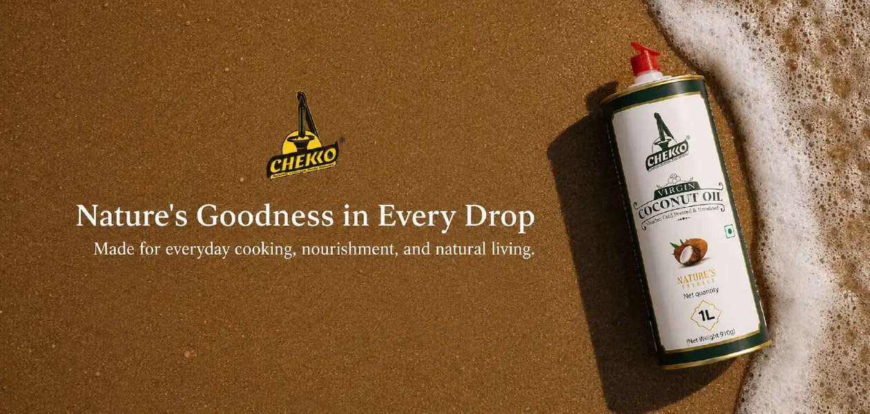Chekko Virgin Cold-Pressed Coconut Oil tin on sandy beach with the message 'Nature's Goodness in Every Drop' highlighting everyday cooking, nourishment, and natural living.