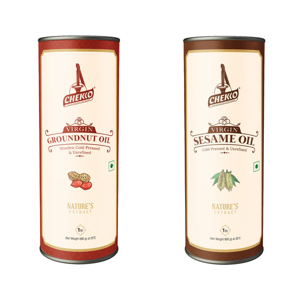 Chekko Wooden Cold Pressed Groundnut and Sesame 1 Litre Combo - Chekko Oils Store