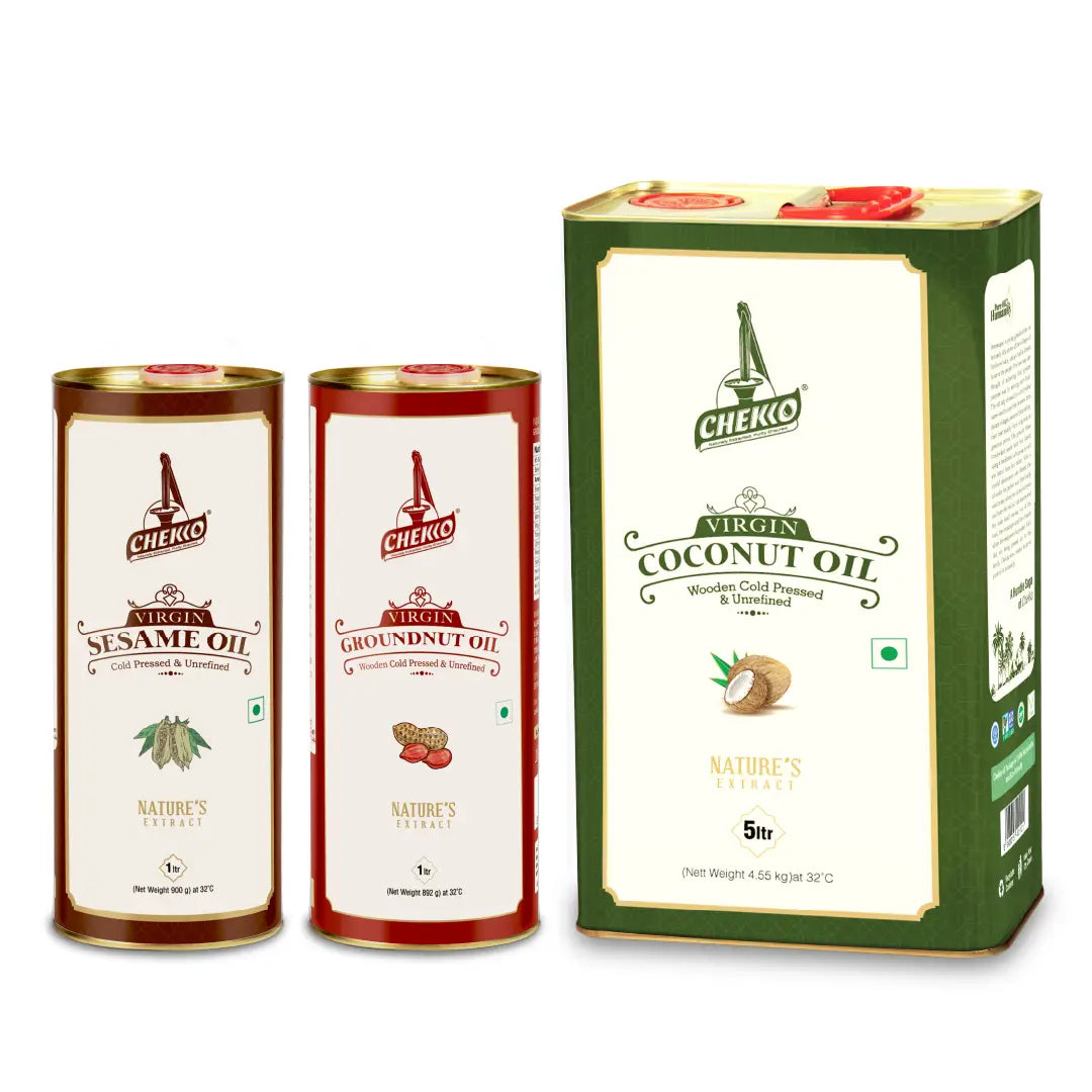 Cold Pressed Oil Combo Pack 7 Litre - Virgin Coconut Oil 5L + Sesame Oil 1L + Groundnut Oil 1L | Chekko Wood Pressed Chekku Oils