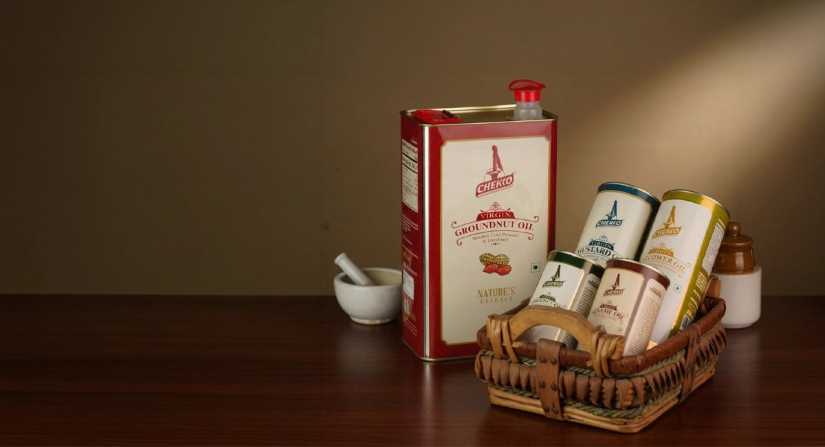 Vintage style chekko wooden cold pressed oils on the wooden basket