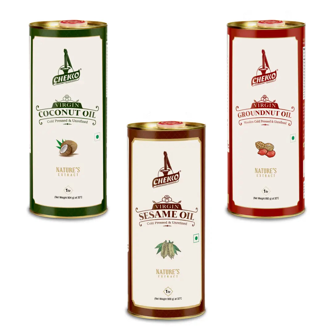 Cold Pressed Oil Combo Pack - Virgin Coconut, Sesame &amp; Groundnut Oil, 1 Litre Each | Chekko Wood Pressed Chekku Oils