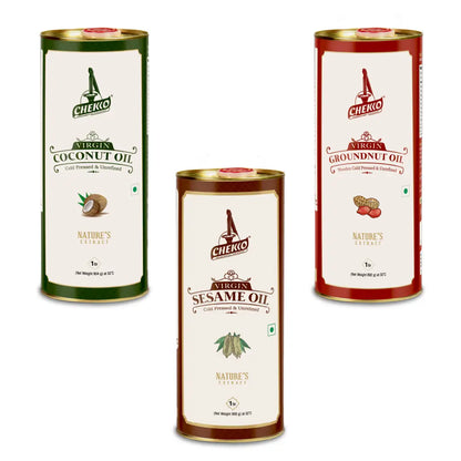 Cold Pressed Oil Combo Pack - Virgin Coconut, Sesame &amp; Groundnut Oil, 1 Litre Each | Chekko Wood Pressed Chekku Oils