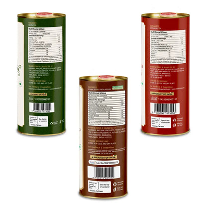 Cold Pressed Oil Combo Pack - Virgin Coconut, Sesame &amp; Groundnut Oil, 1 Litre Each | Chekko Wood Pressed Chekku Oils