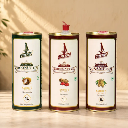 Cold Pressed Oil Combo Pack - Virgin Coconut, Sesame &amp; Groundnut Oil, 1 Litre Each | Chekko Wood Pressed Chekku Oils