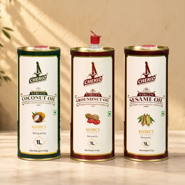 Cold Pressed Oil Combo Pack - Virgin Coconut, Sesame & Groundnut Oil, 1 Litre Each | Chekko Wood Pressed Chekku Oils