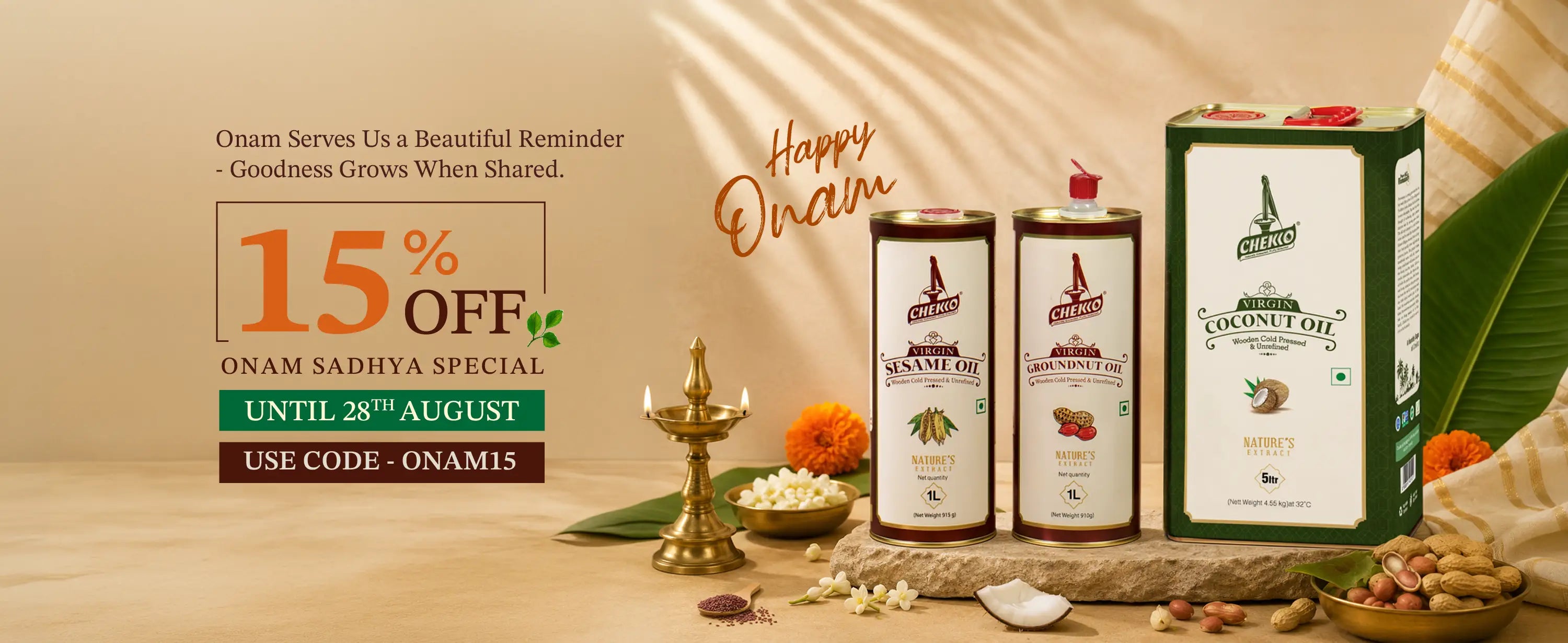 Onam Sadhya special promotional banner featuring Onam Oil products including coconut oil, mustard oil, and soybean oil, displayed alongside decorative elements like a brass diya, marigold, and spices on a warm beige background with 'Happy Onam' text.