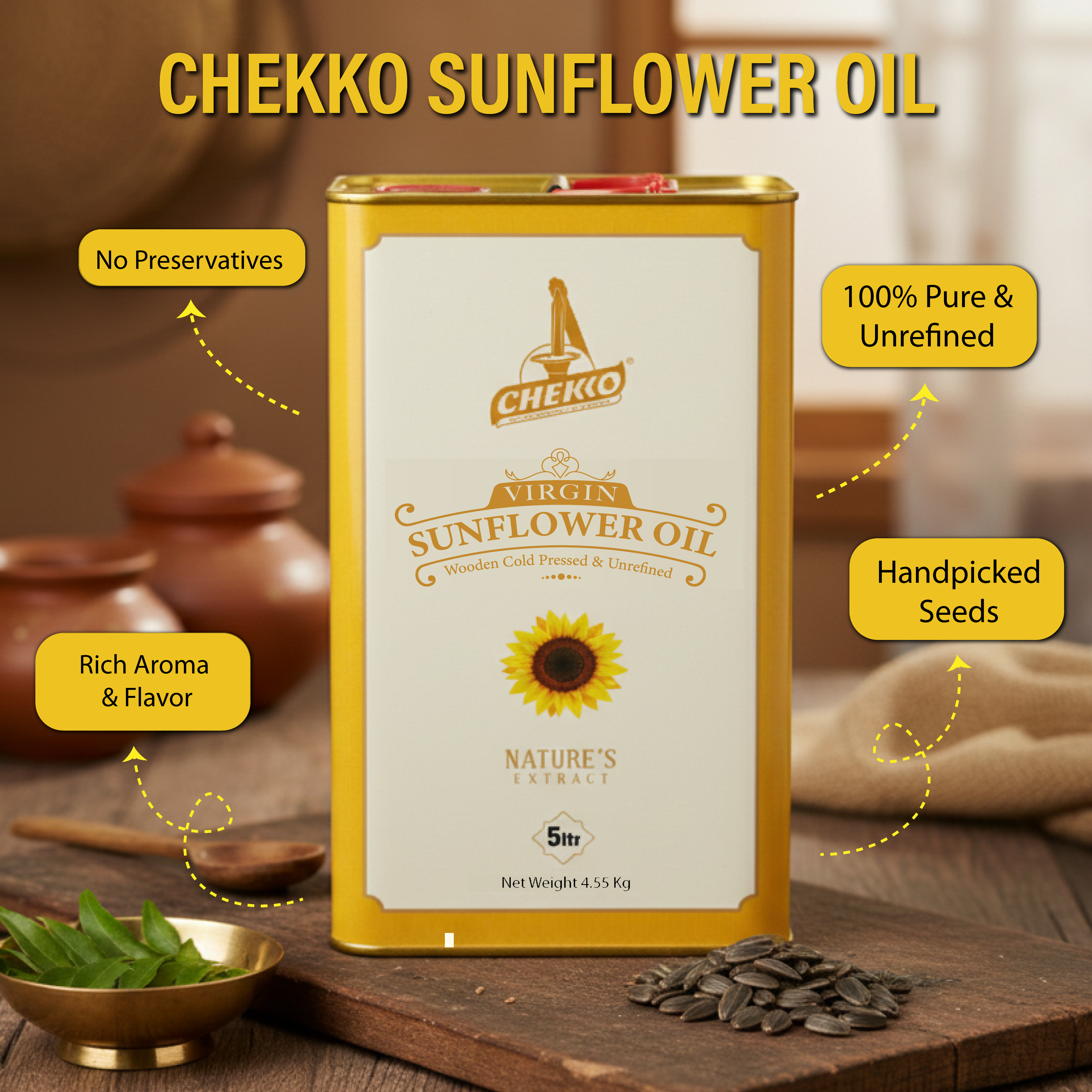 Chekko Cold Pressed Sunflower Oil 1L – Wood Pressed, 3/4 Angle Pack Shot